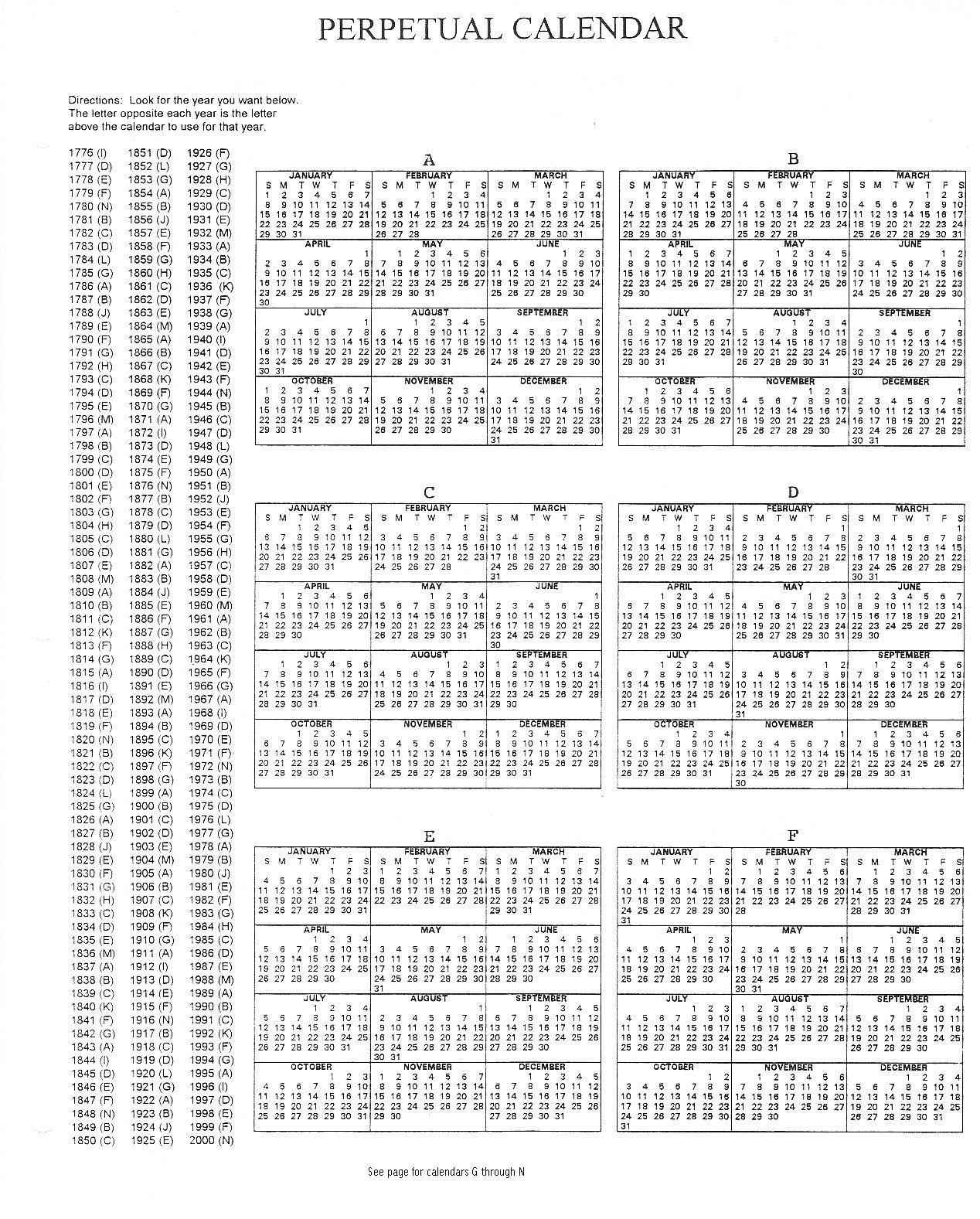 Printable Perpetual Calendar Chart