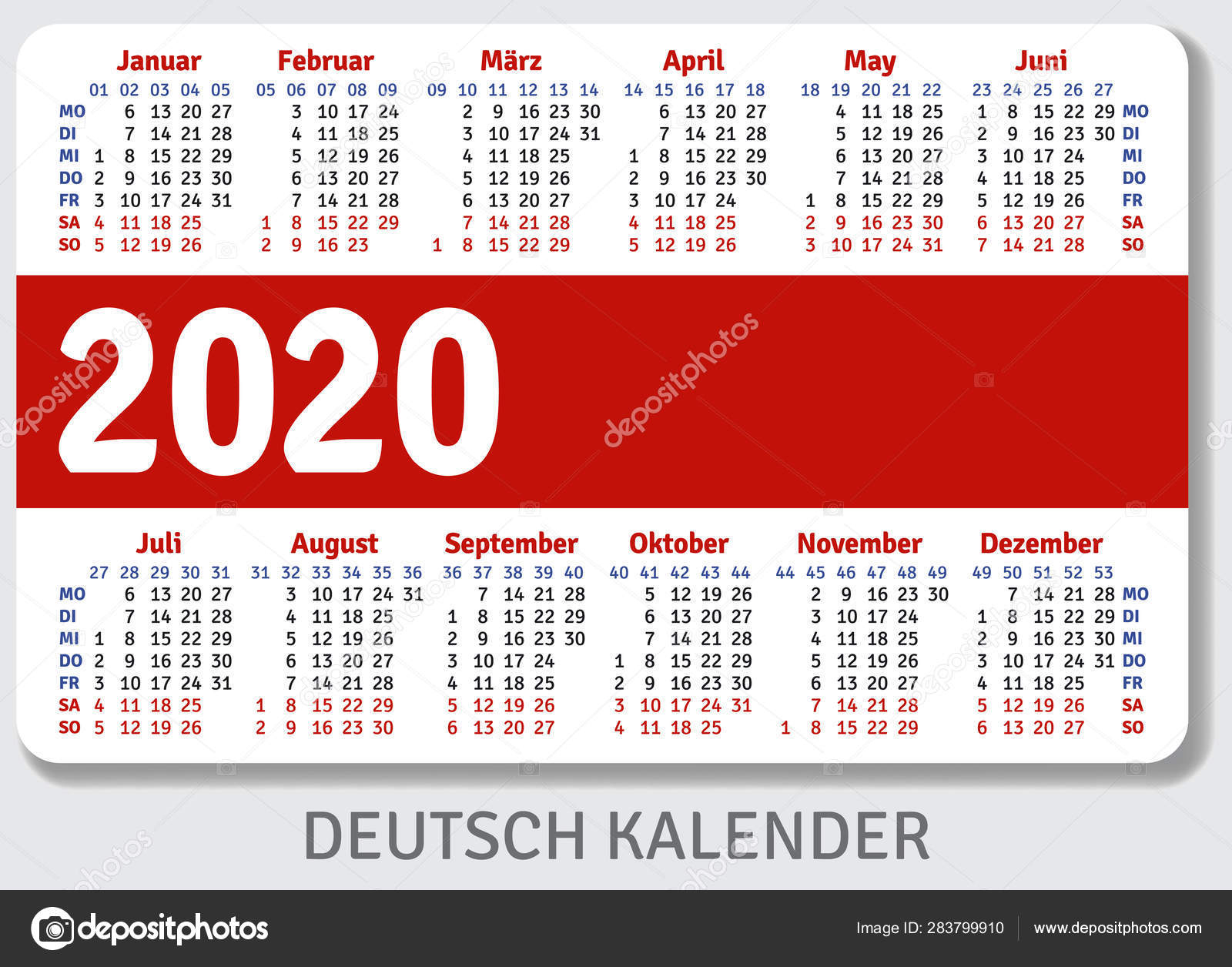 German Pocket Calendar 2020 Standard Size Iso 7810