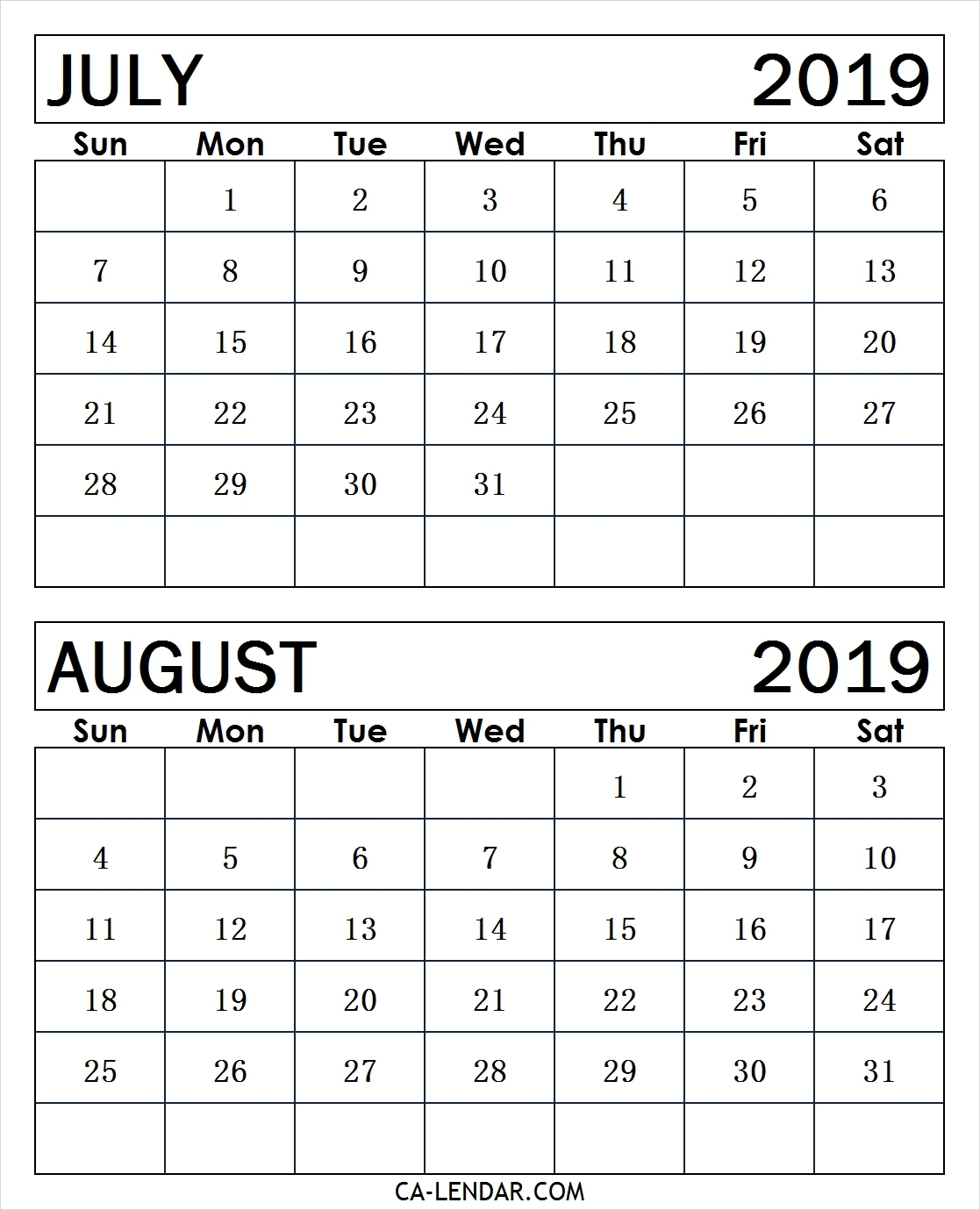 Get July And August 2019 Printable Calendar ⋆ The Best