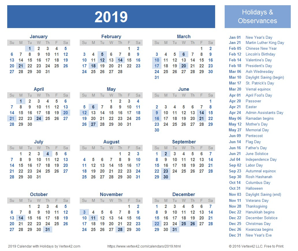 Hebrew Calendar 2019