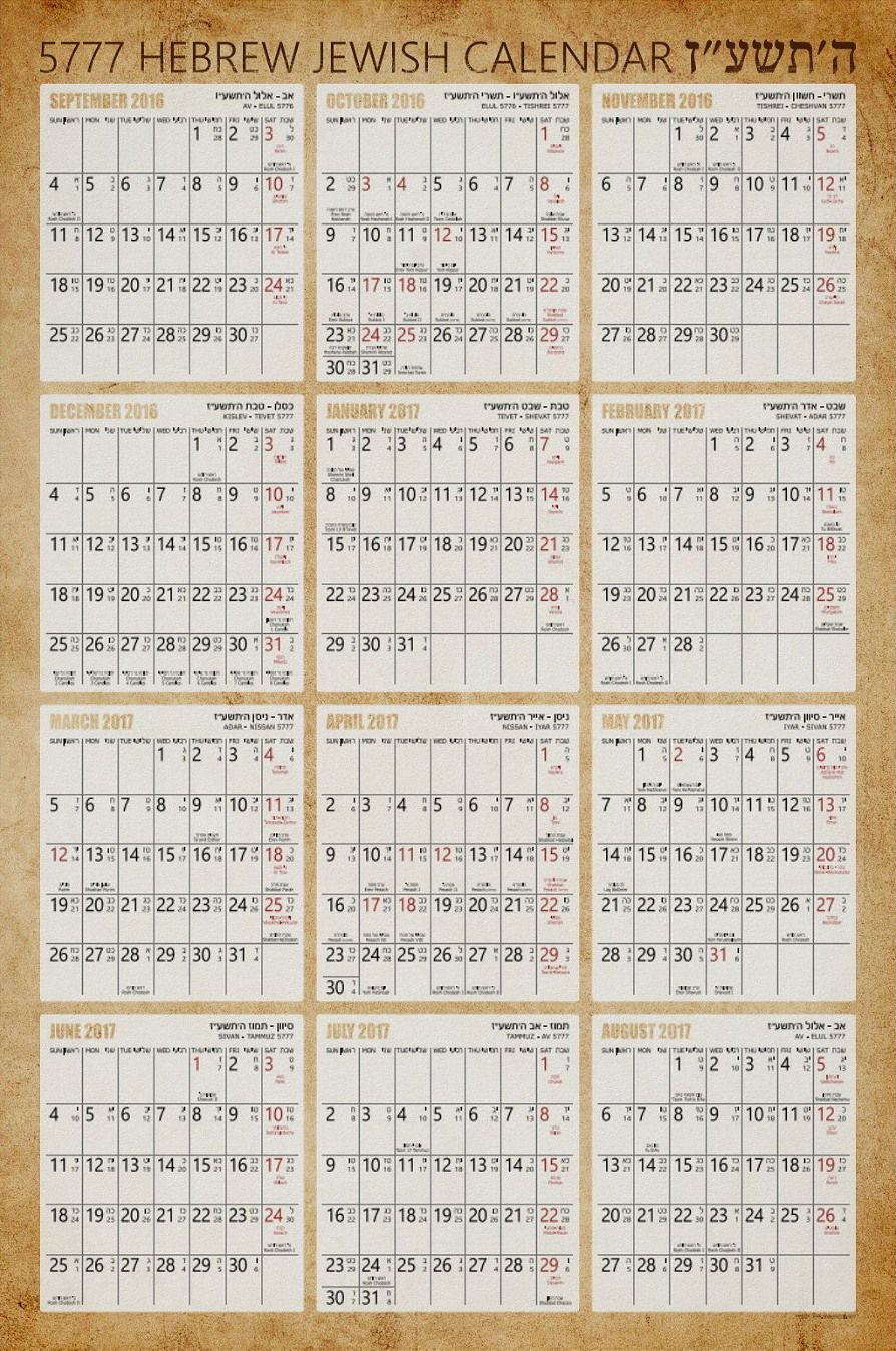 Hebrew Jewish Wall Calendar Poster - Old Paper Background