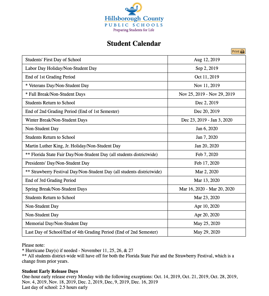 2020 Hillsborough County School Printable Calander  Example Calendar 