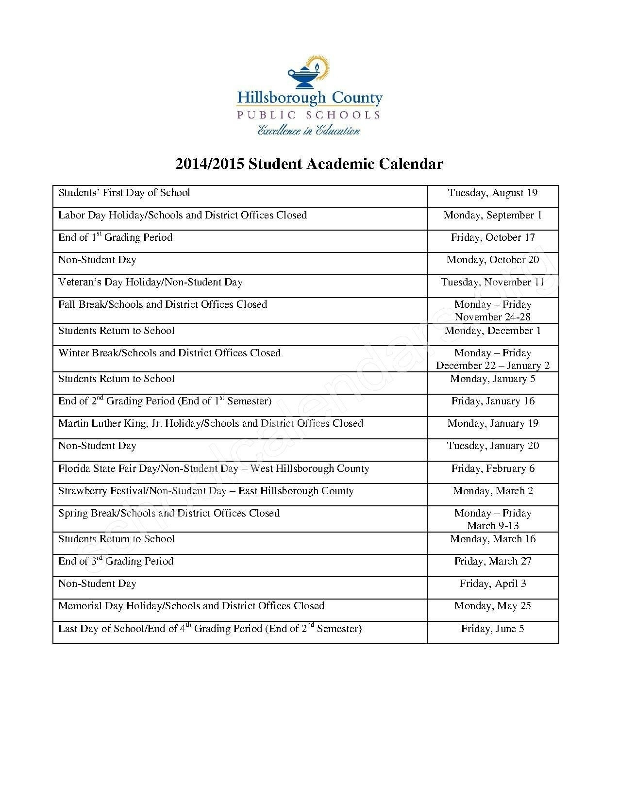 2020 Hillsborough County School Printable Calander Example Calendar