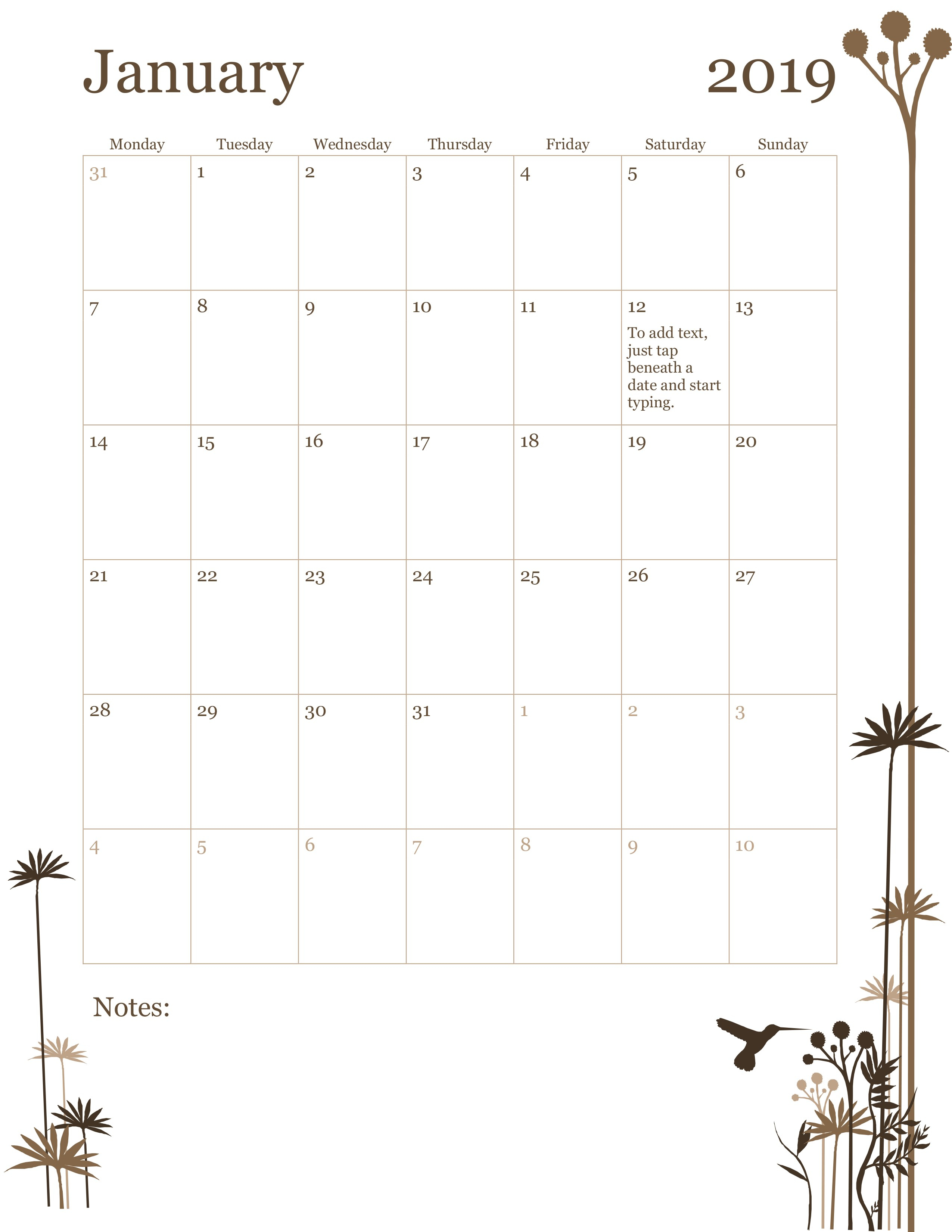 Horizontal Calendar (Sunday Start)
