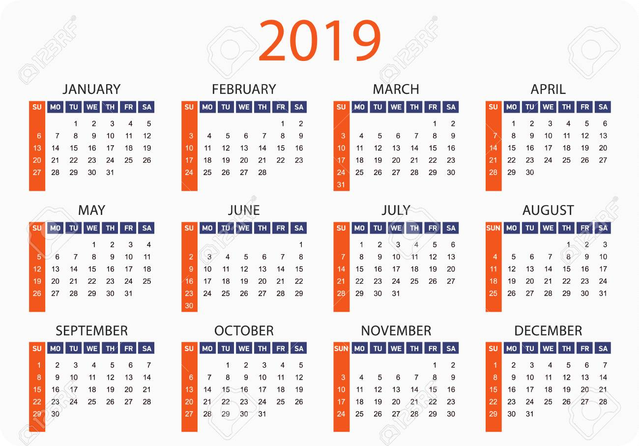 Horizontal Pocket Calendar On 2019 Year. Simple Vector Template..