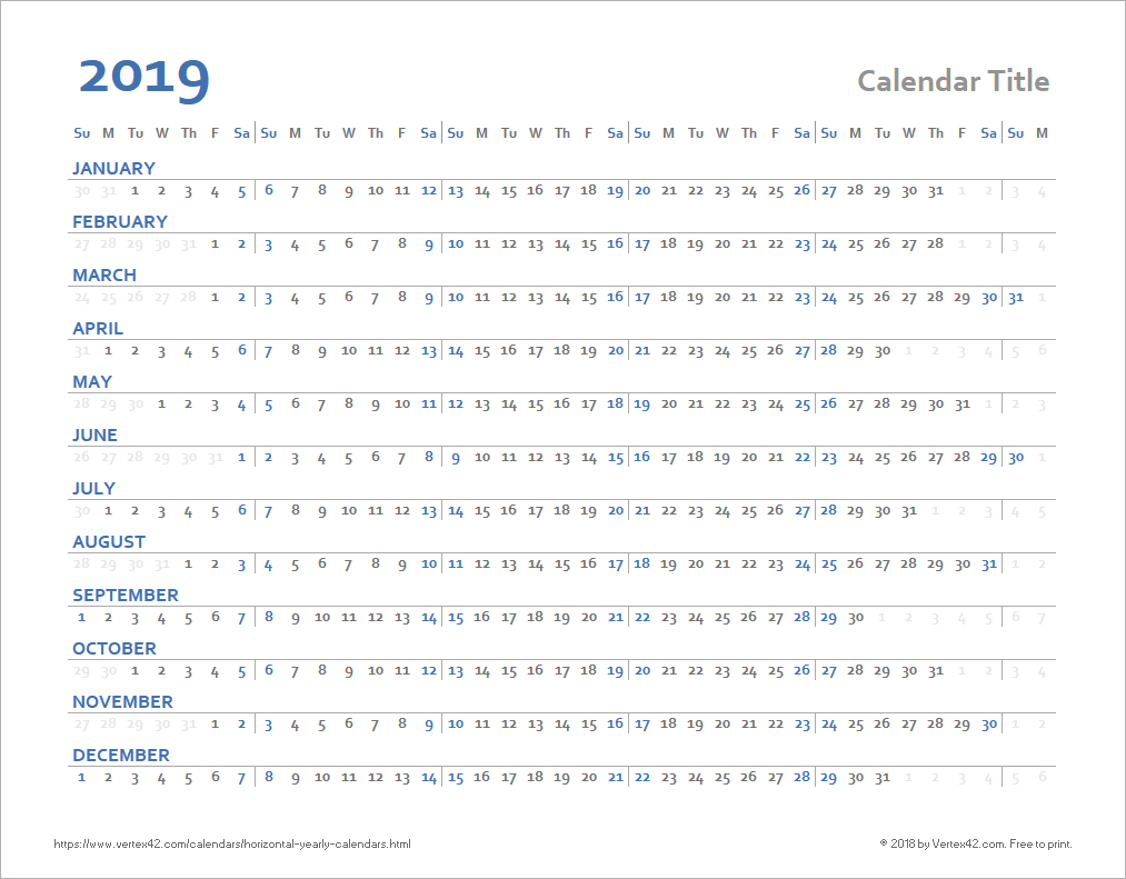 Printable Calendar Horizontal Calendar (any year, horizontal