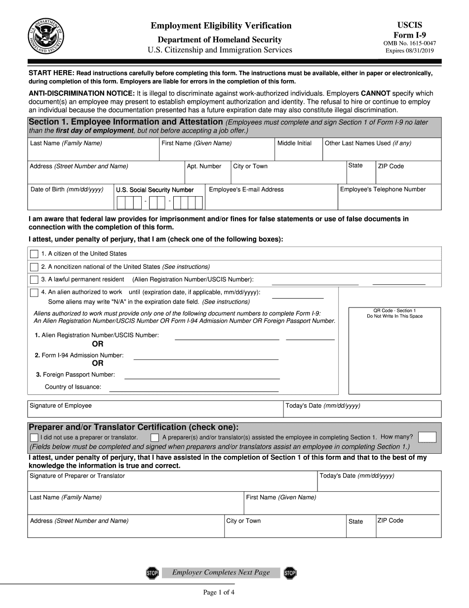 I-9 Form 2019 Printable - Employment Eligibility