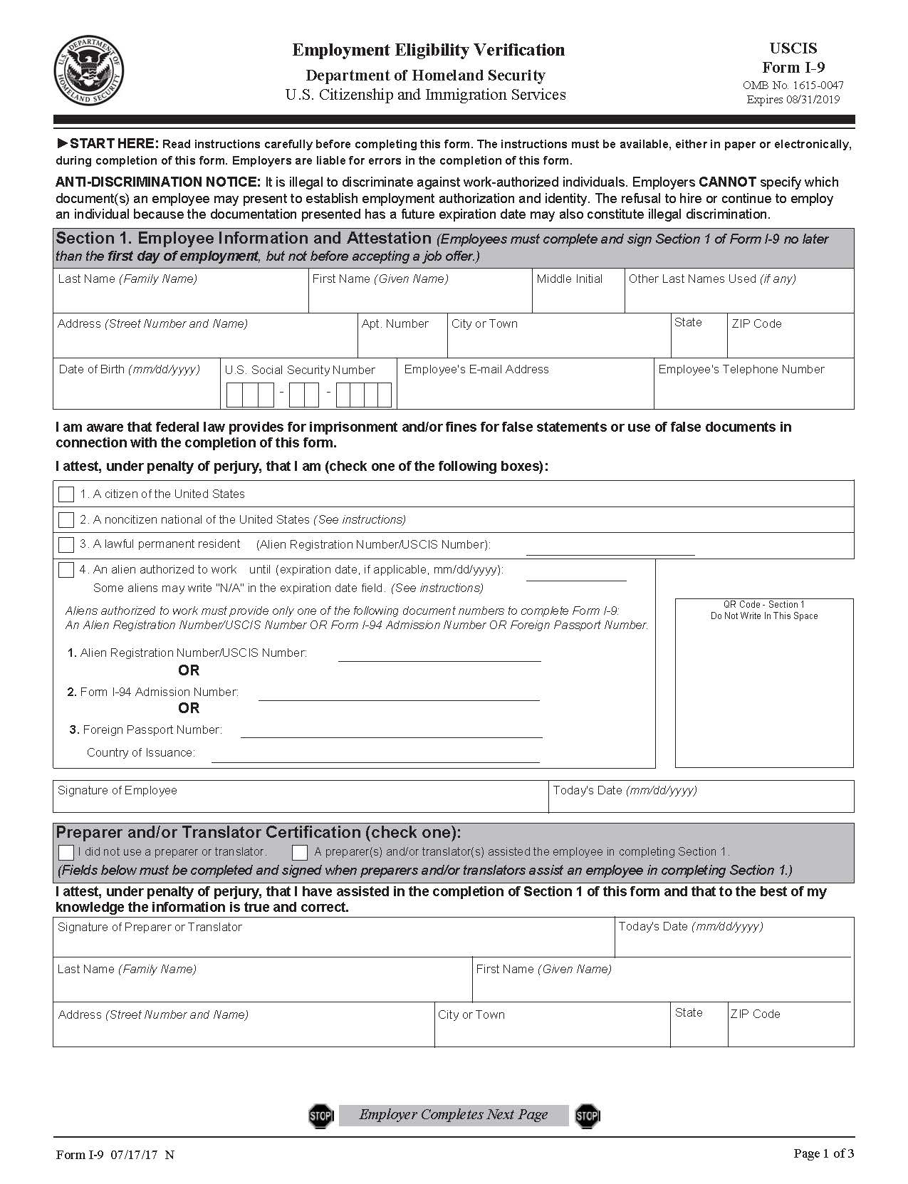 Blank I9 Form 2020 Printable Form Free Example Calendar Printable