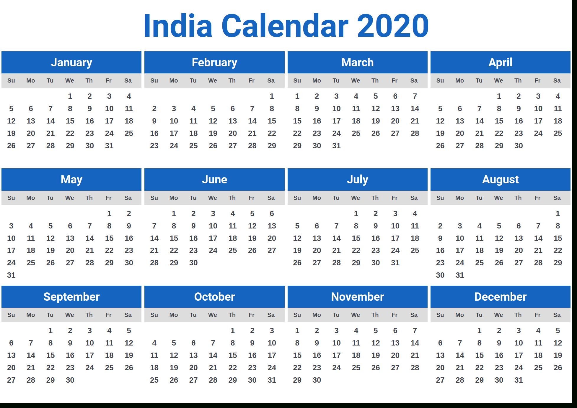 Calendar 2020 India With Holidays And Festivals Pdf 