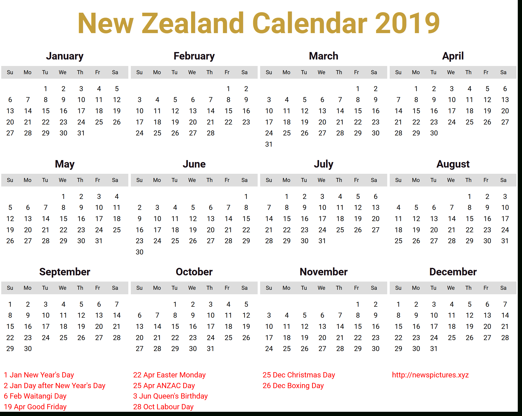 Image For New Zealand Calendar 2019 Download | Bear