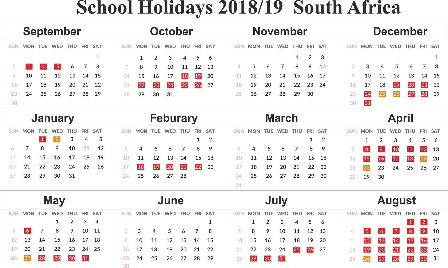 Incredible School Calendar South Africa 2019 • Printable