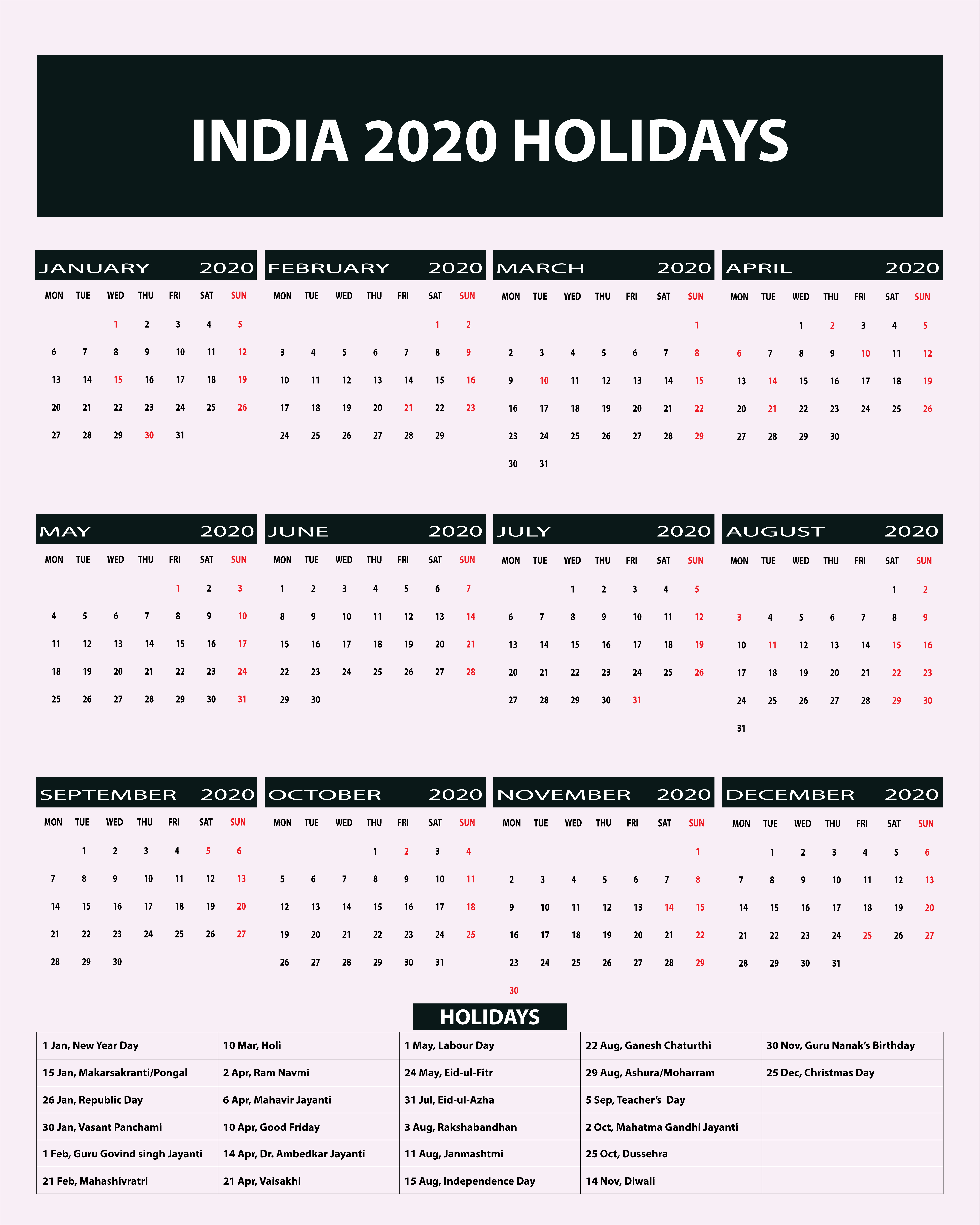 Indian Public Holidays 2020 Calendar | Indian Holidays 2020