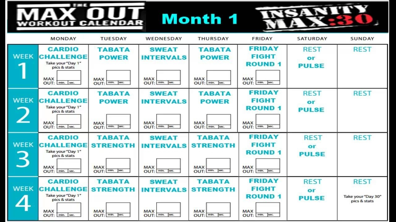 Insanity Calendar Month 1 • Printable Blank Calendar Template