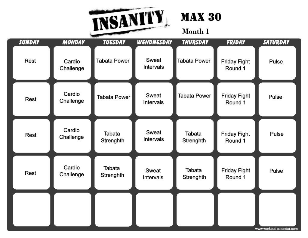 insanity month one printable example calendar printable