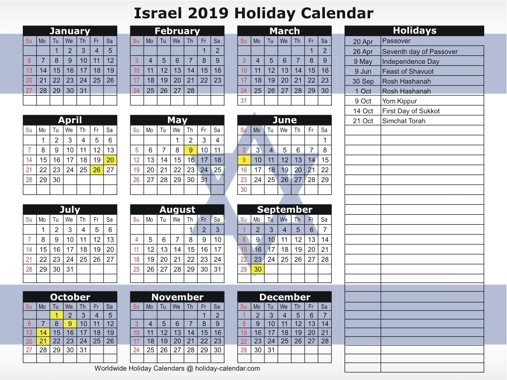 Israel 2019 / 2020 Holiday Calendar Within September