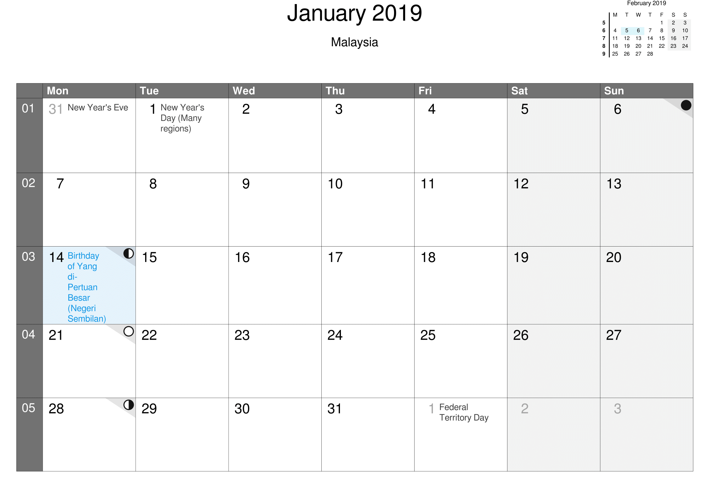 Jan 2019 Calendar Malaysia Printable