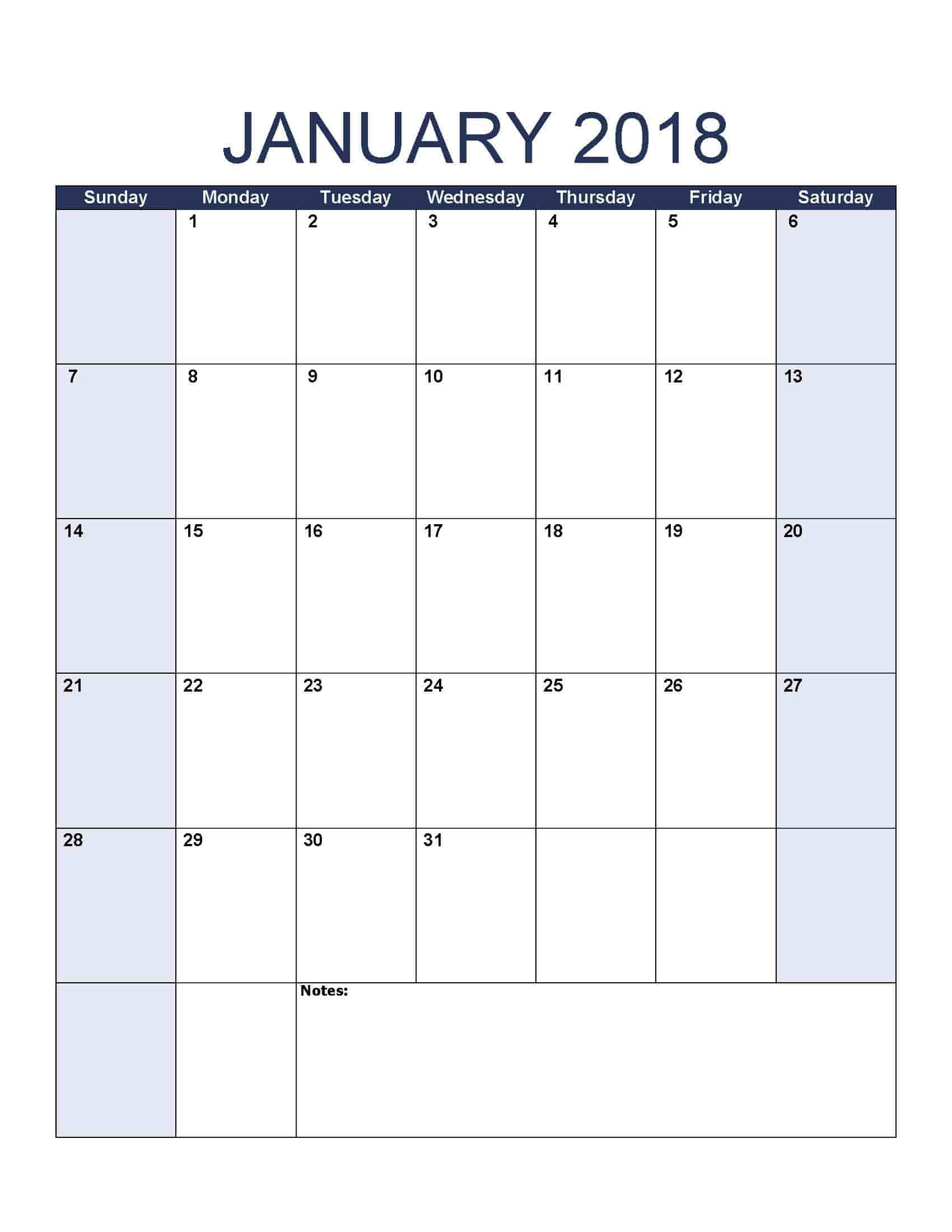 January 2018 Calendar - Free, Printable Calendar Templates