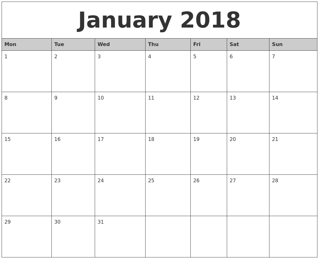 January-2018-Monthly-Calendar-Printable-Monday-Start - Eco