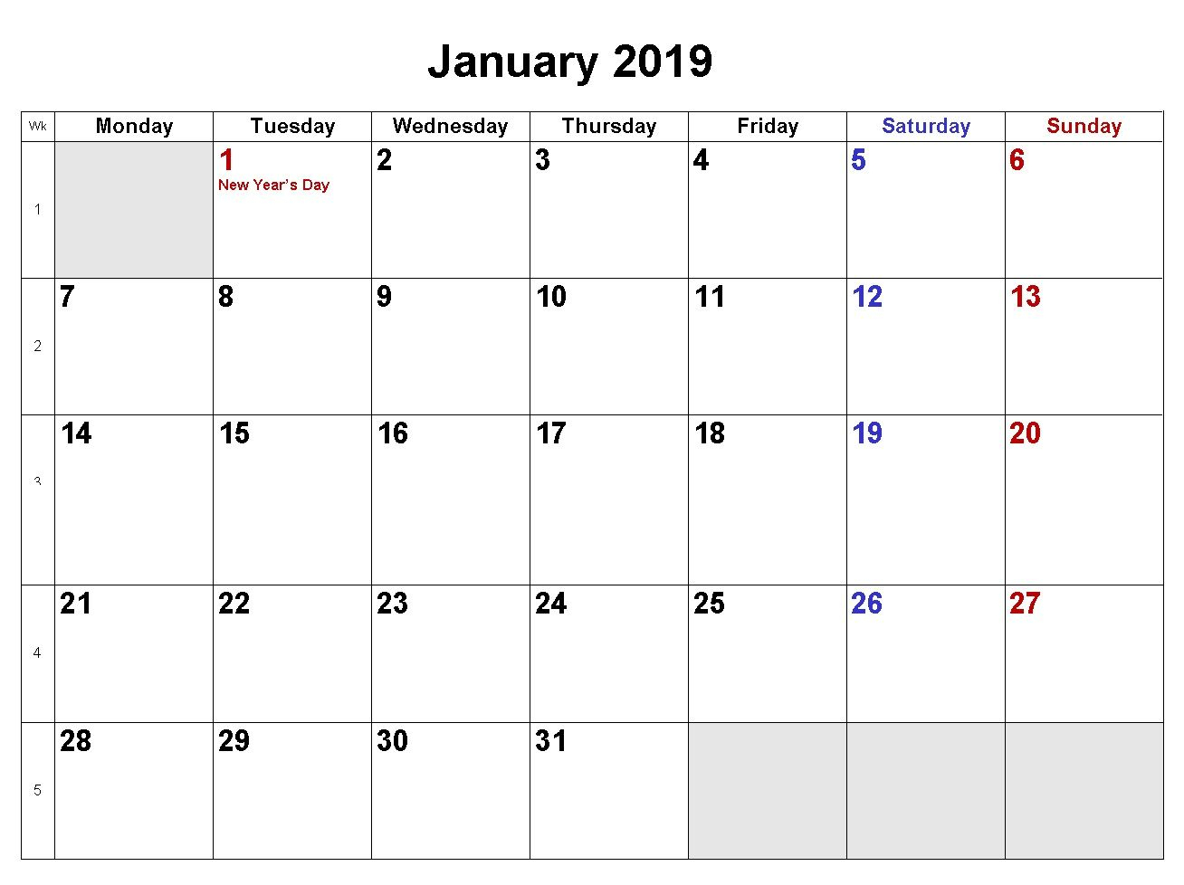 January 2019 Calendar Download In Word Excel Pdf Formats