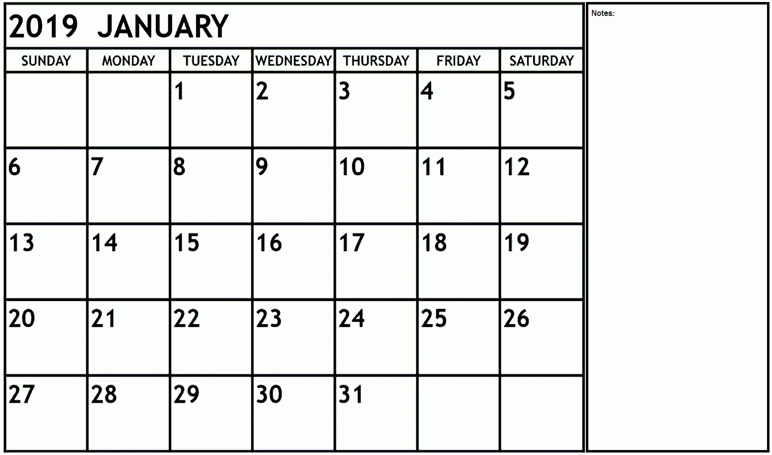 January 2019 Calendar With Notes #printable #calendar