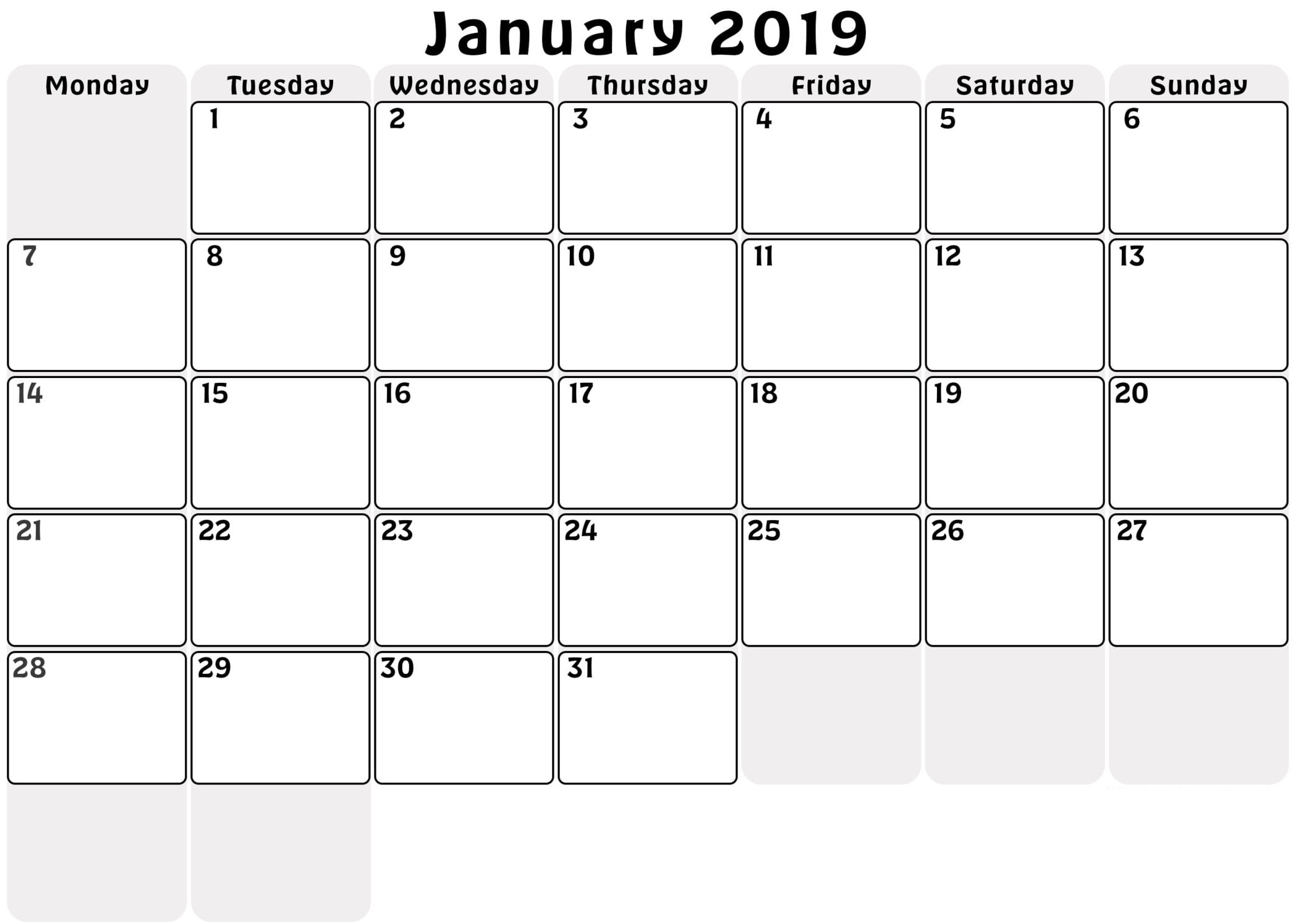 January 2019 Printable Calendar A4 11*8.5 Editable Page With