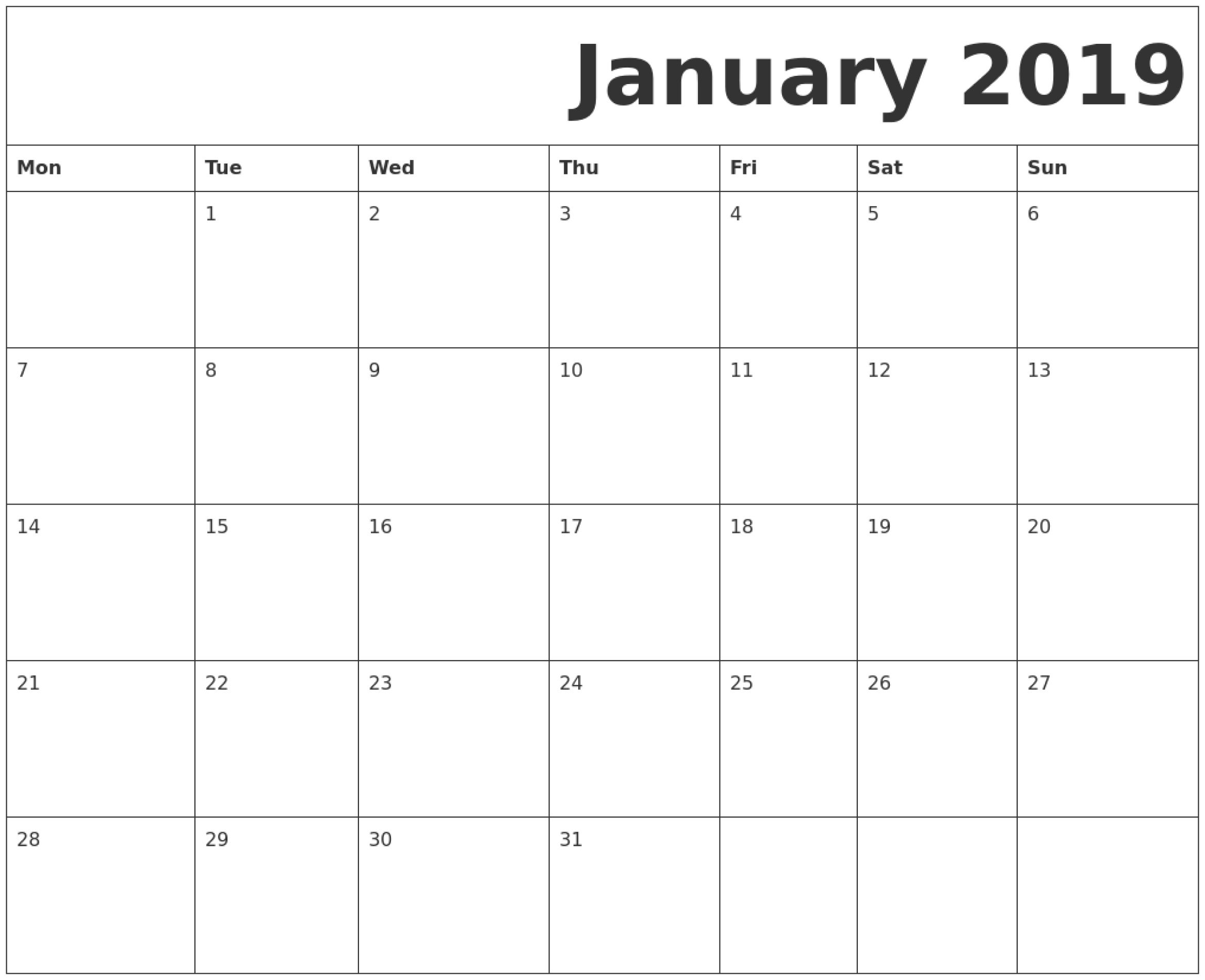 January 2019 Printable Calendar Monday Start. | January 2019