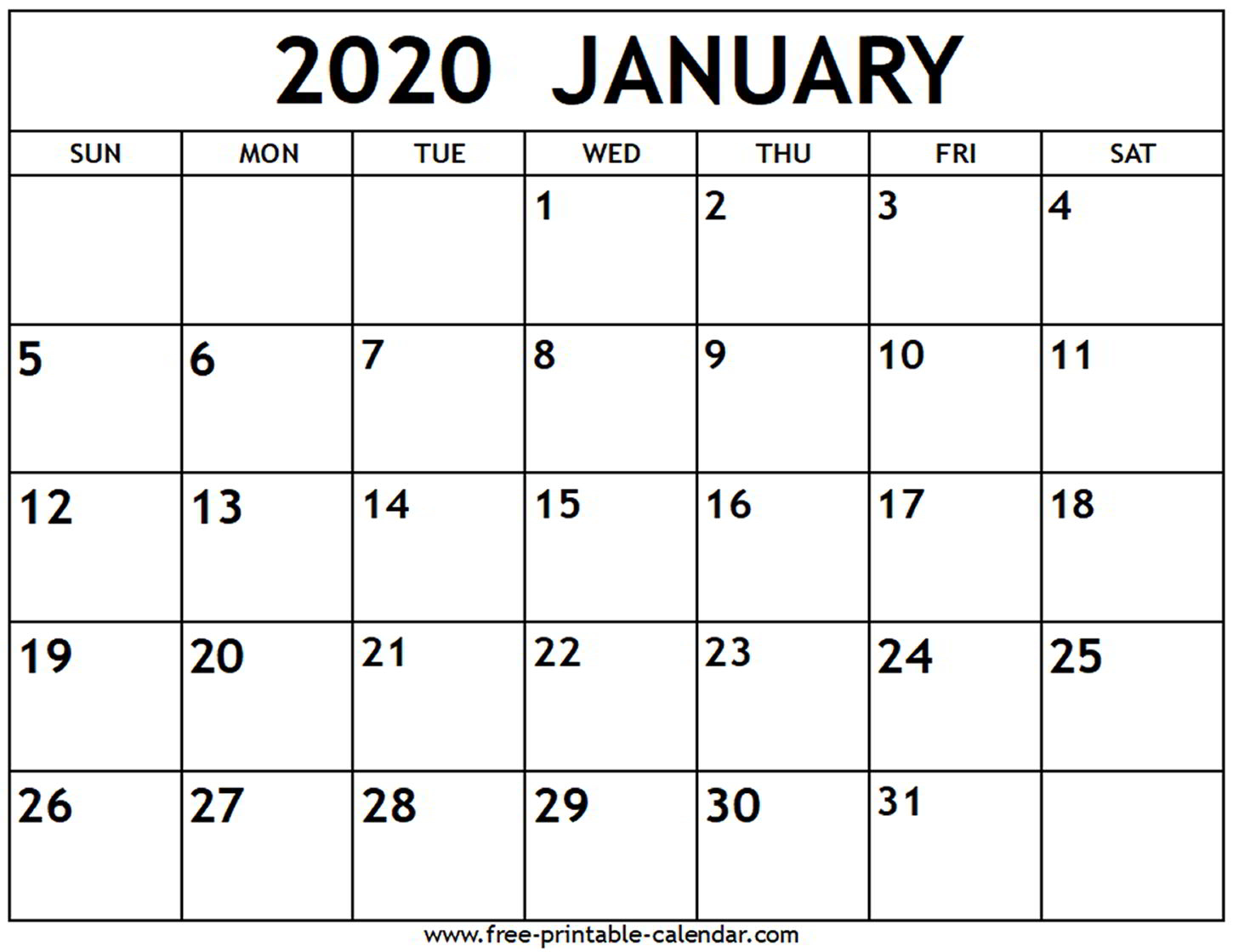 January 2020 Printable Calendar Canada