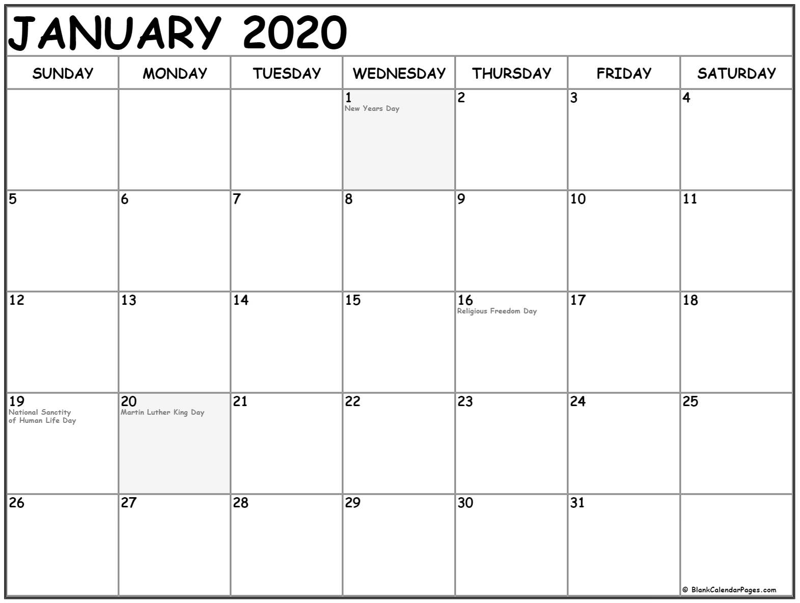 January 2020 Calendar Printable Templates Holidays - July