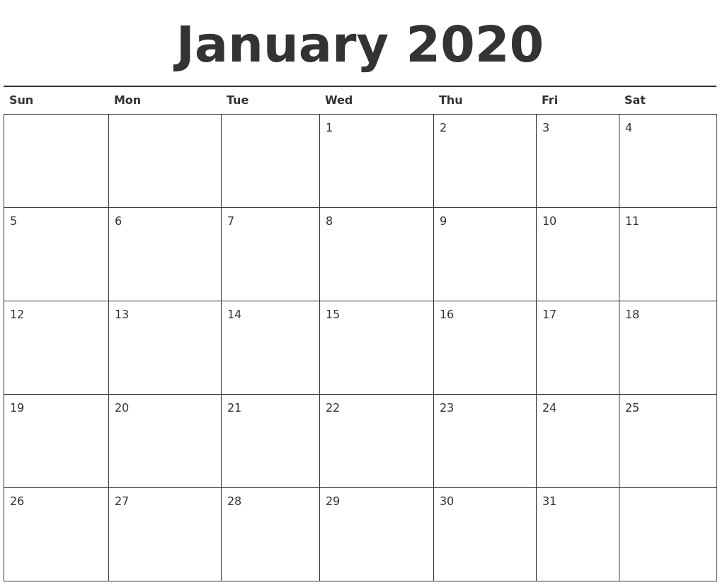 January 2020 Calendar Printable