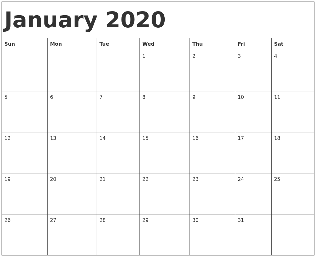 January 2020 Calendar Template