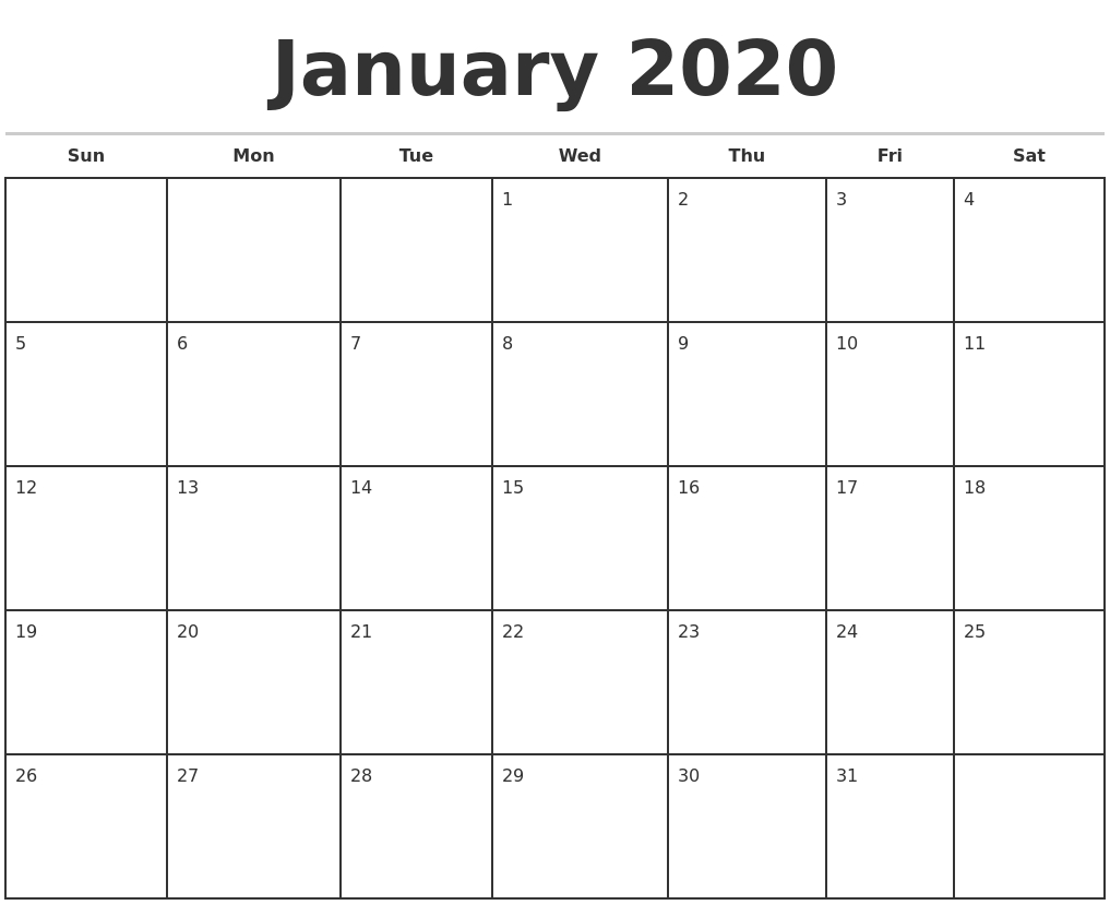 January 2020 Monthly Calendar Template