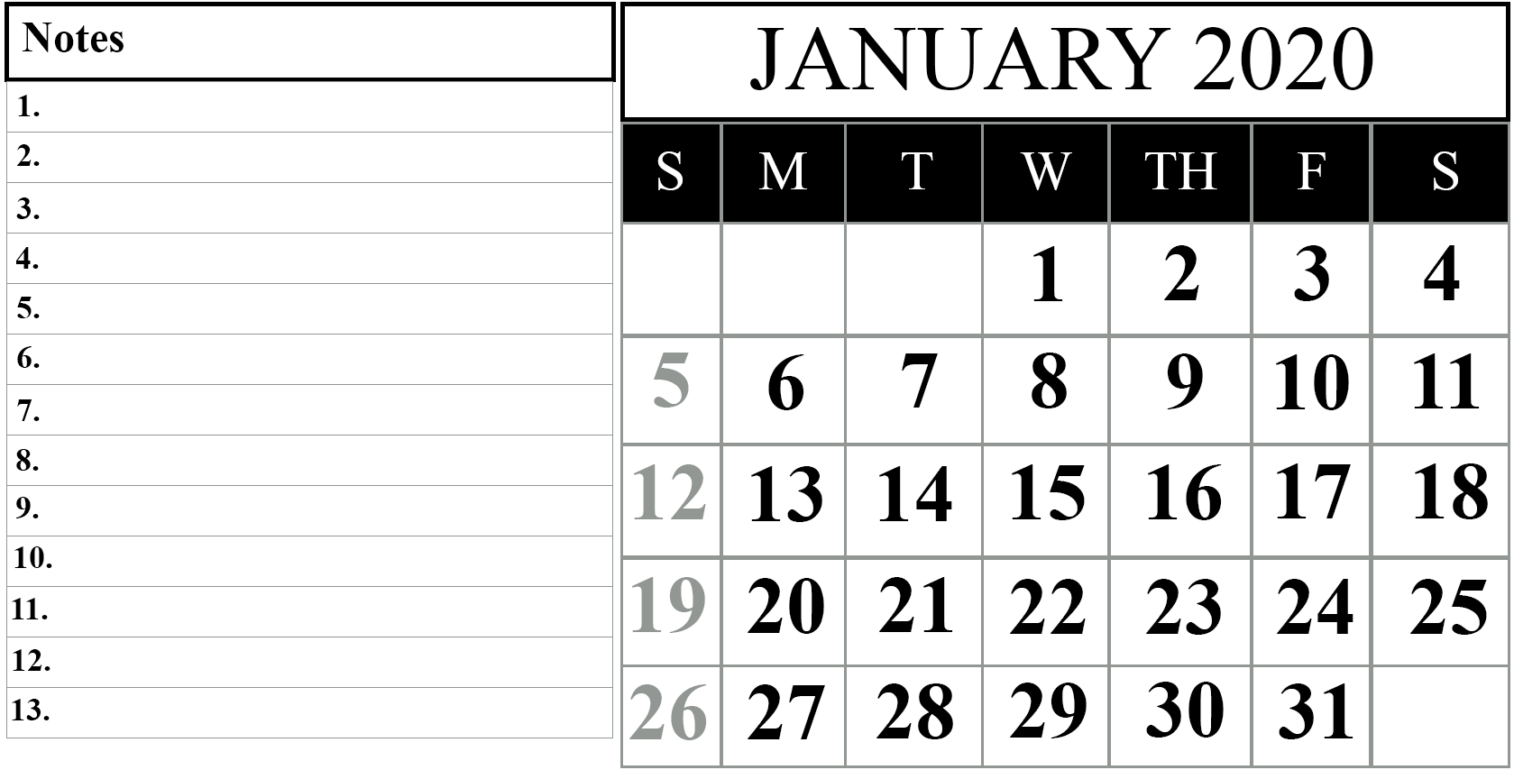 January 2020 Printable Calendar Template #2020Calendars