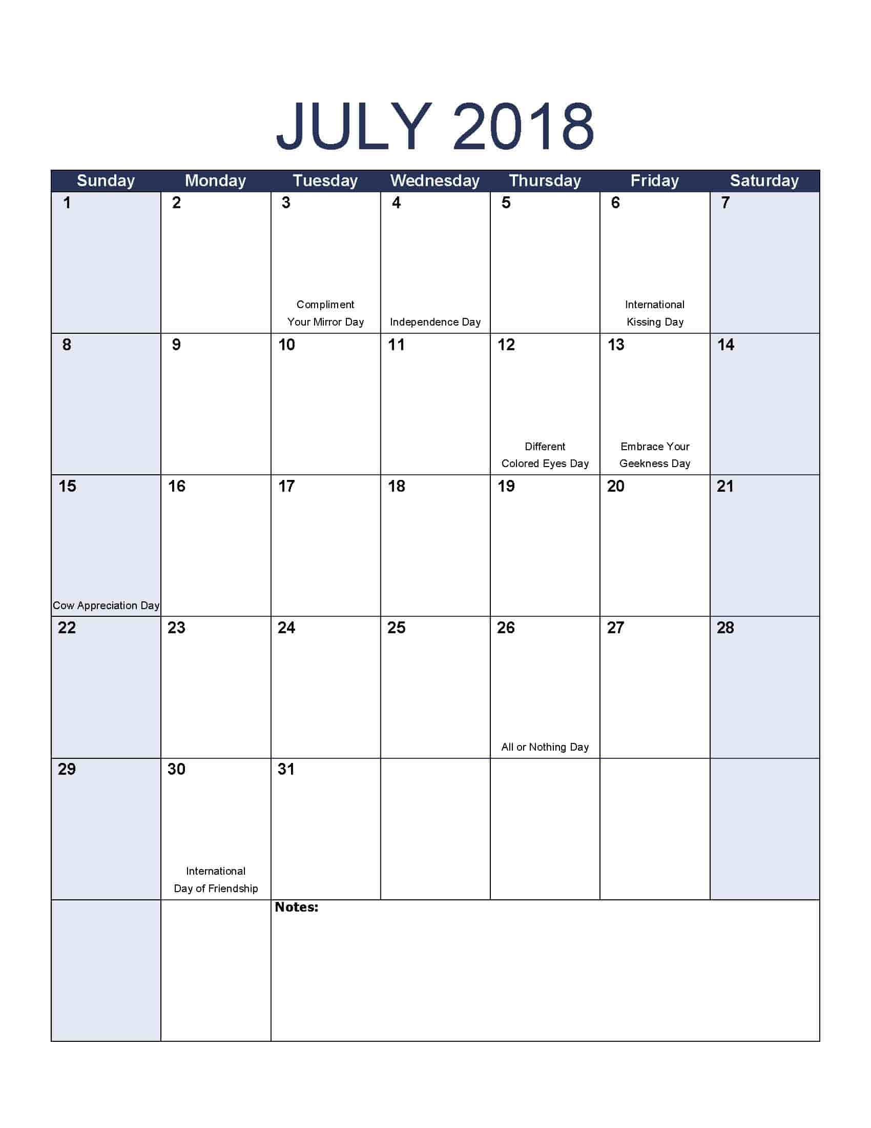 July 2018 Calendar - Free, Printable Calendar Templates