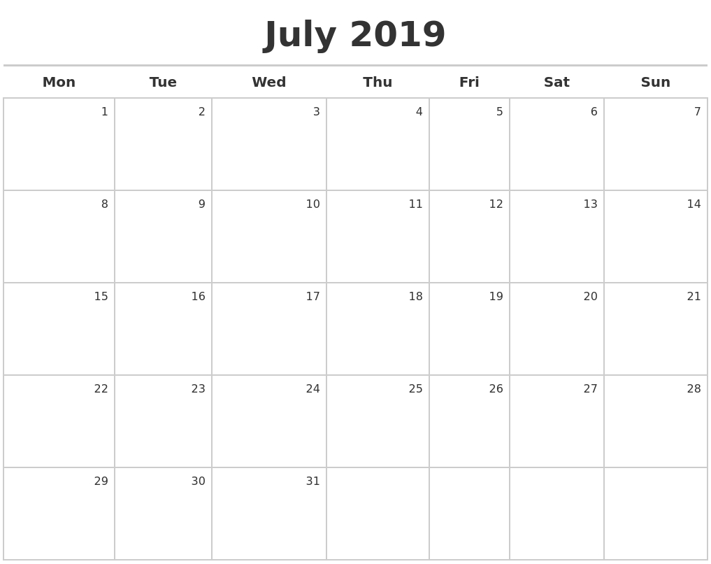 July 2019 Blank Calendar Monday Start #july #julycalendar