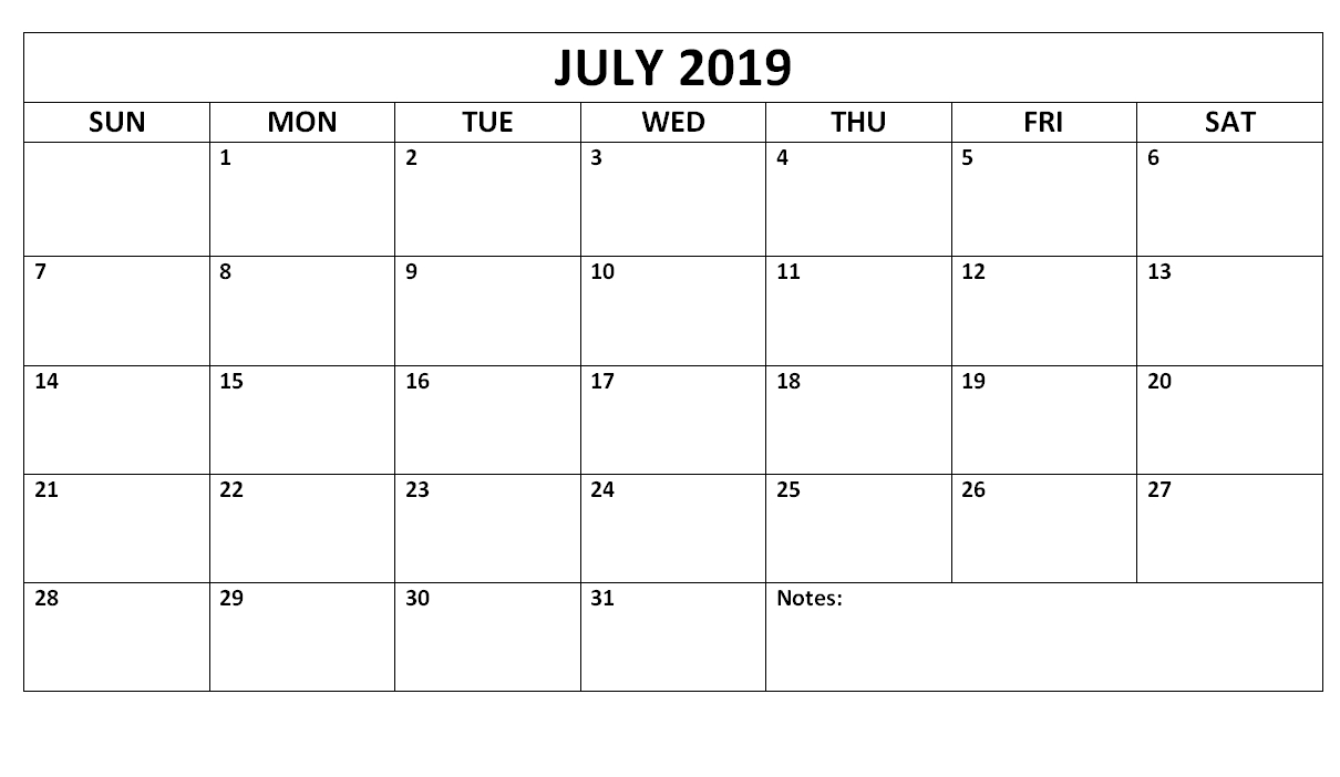 July 2019 Blank Calendar Waterproof | Free Printable July