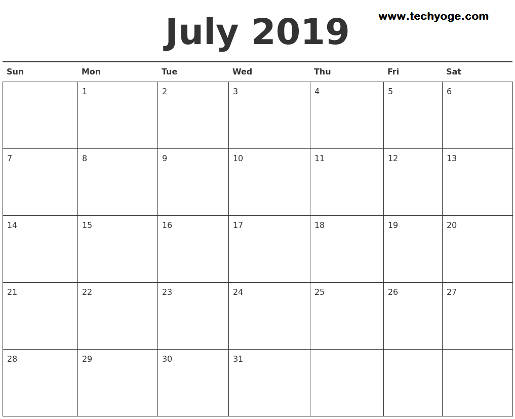 July 2019 Calendar Printable Images Download – Techyoge