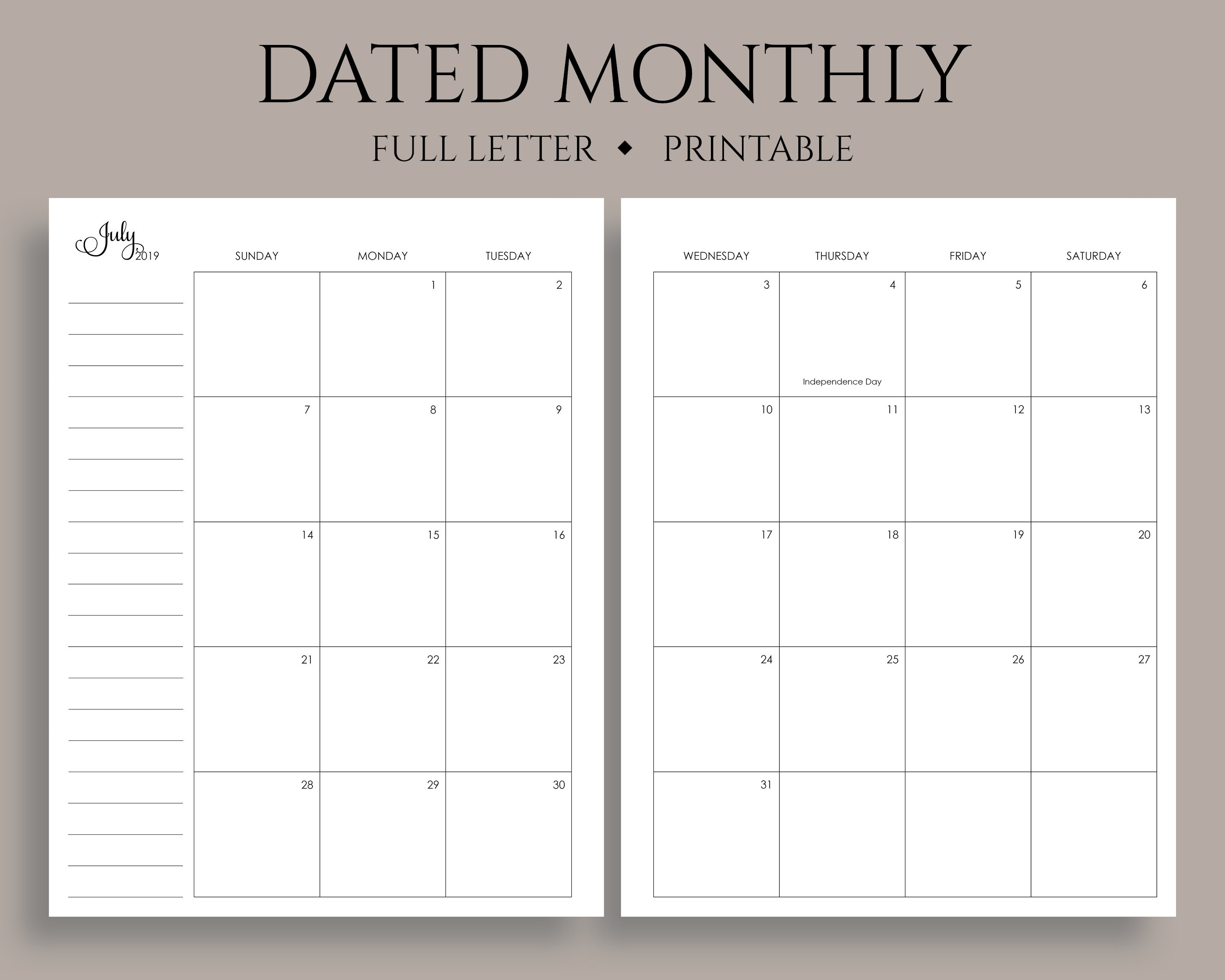 July 2019 - Dec 2020 Dated Monthly Calendar Printable Planner Inserts,  Sunday Start, Mo2P, Us Holidays ~ Full Letter / 8.5&quot; X 11&quot; Pdf