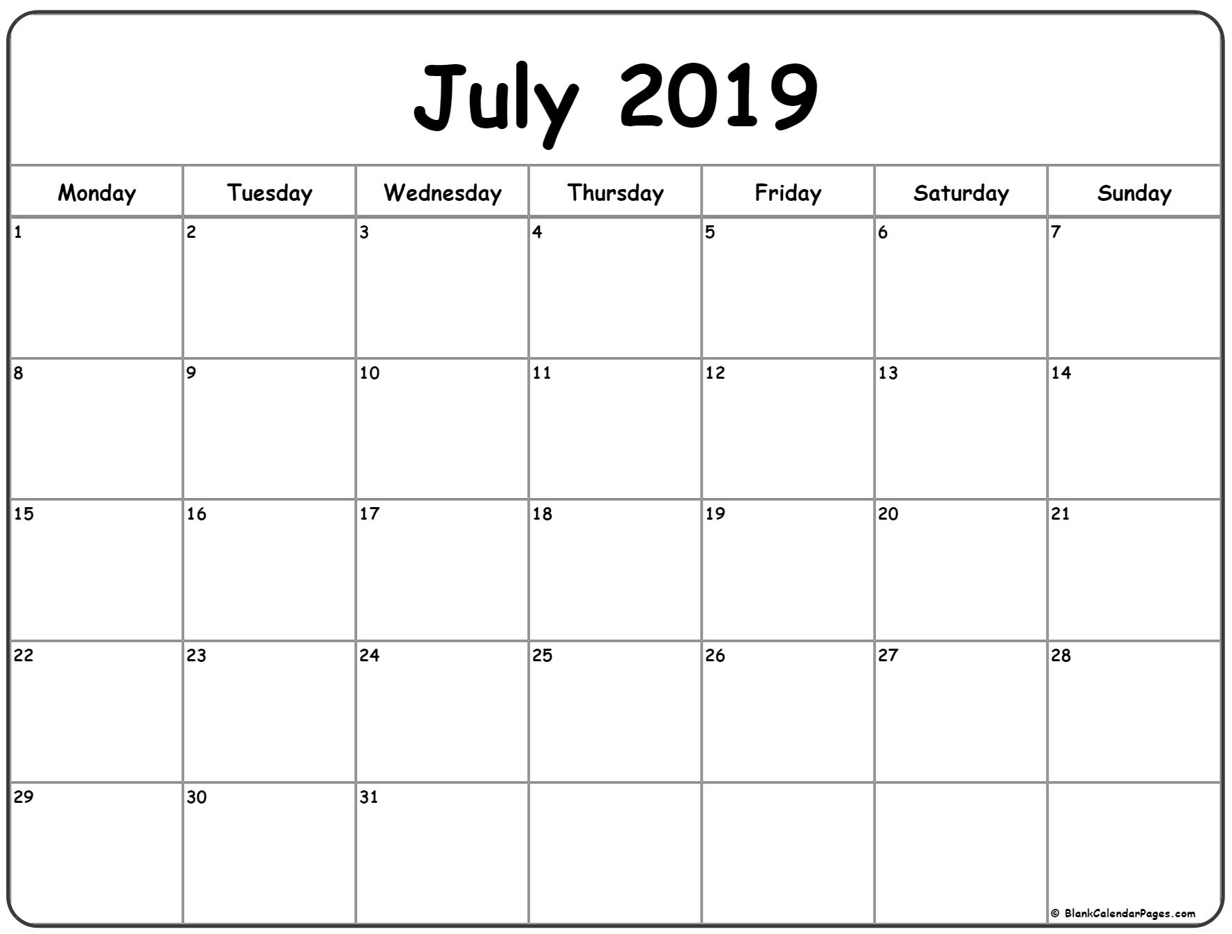 July 2019 Monday Calendar | Monday To Sunday