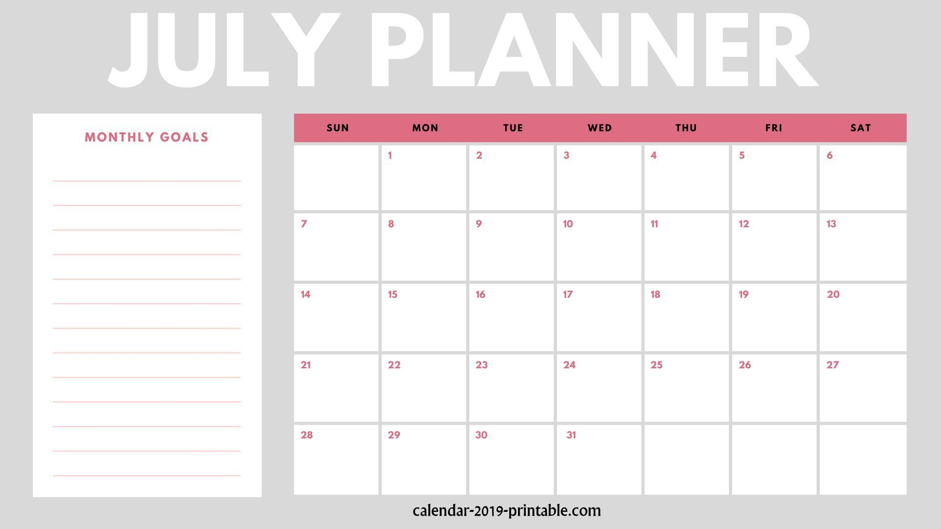 July 2019 Planner Monthly Calendar | Monthly Planners | July