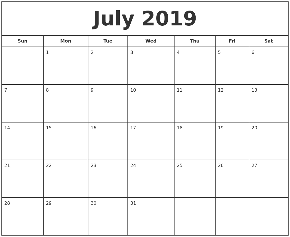 July 2019 Print Free Calendar