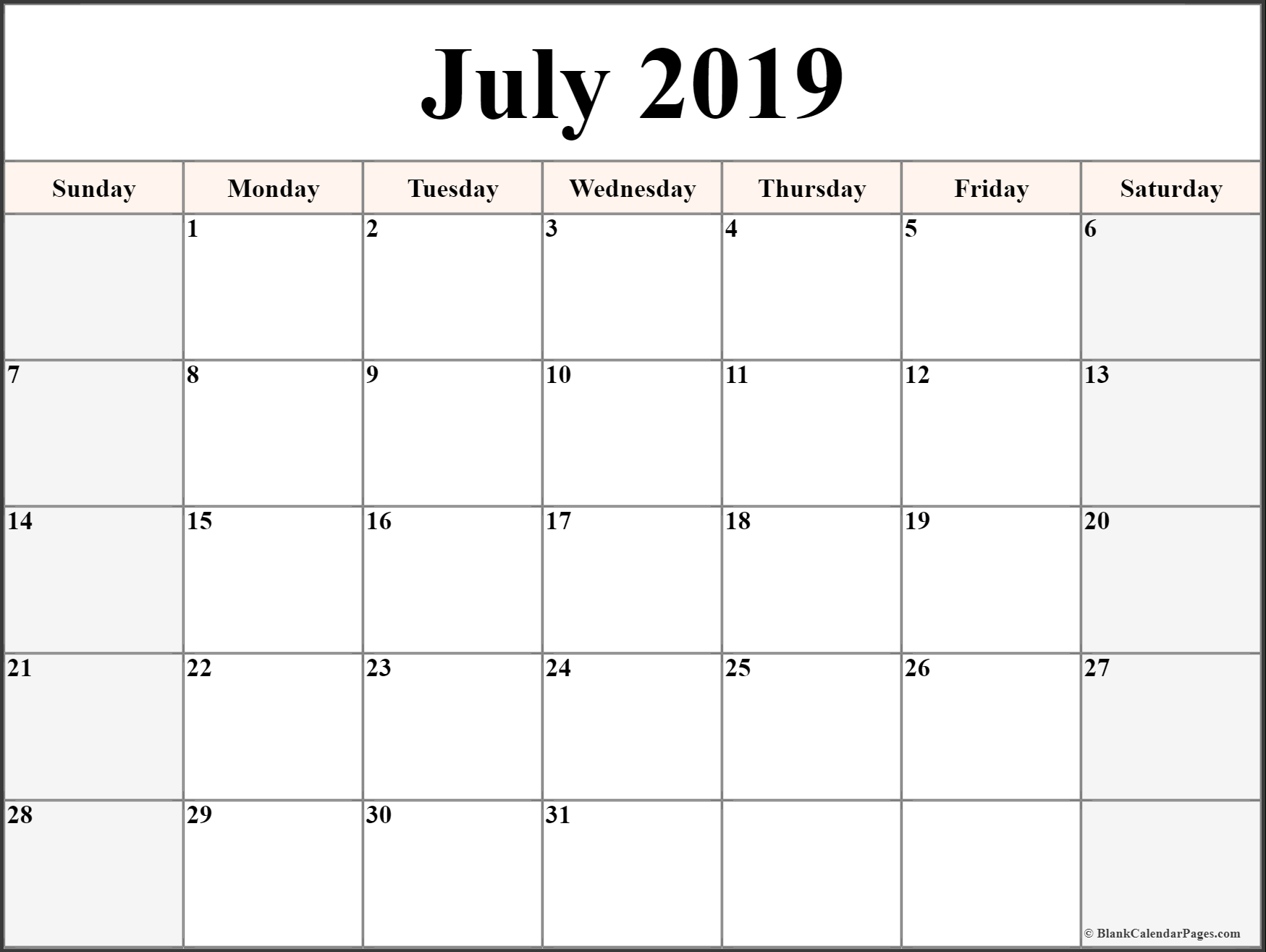 July 2019 Printable Calendar Blank Templates - Calendar Hour