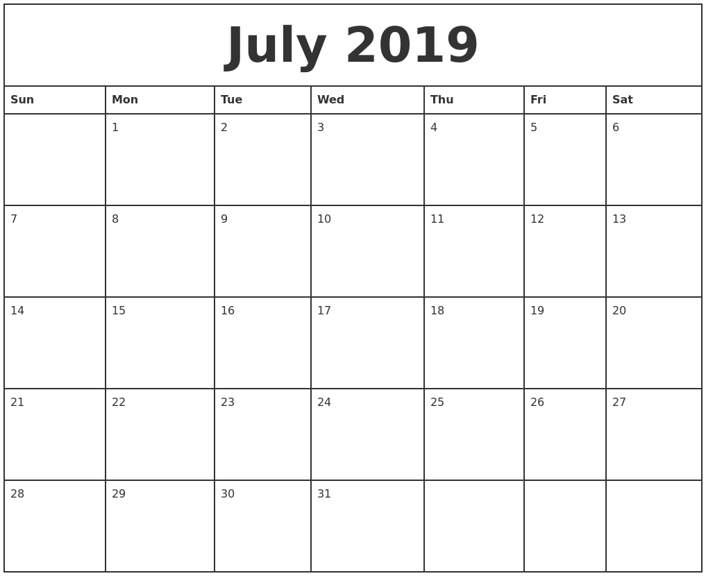 July 2019 Printable Monthly Calendar