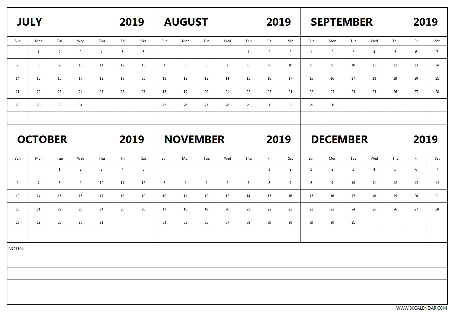 July-2019-To-December-2019-Calendar-With-Notes - 30 Day Calendar