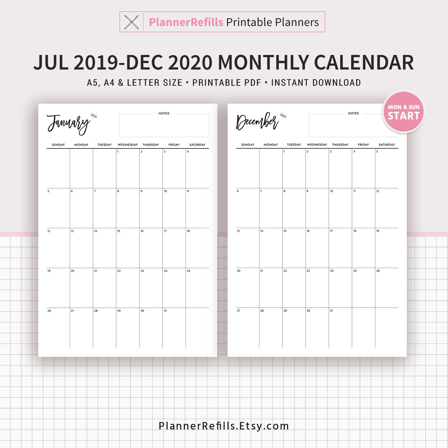 July 2019 To December 2020 Dated Monthly Calendar, 18 Month Calendar,  Printable Planner, A4, Letter Size, Filofax A5,monday And Sunday Start