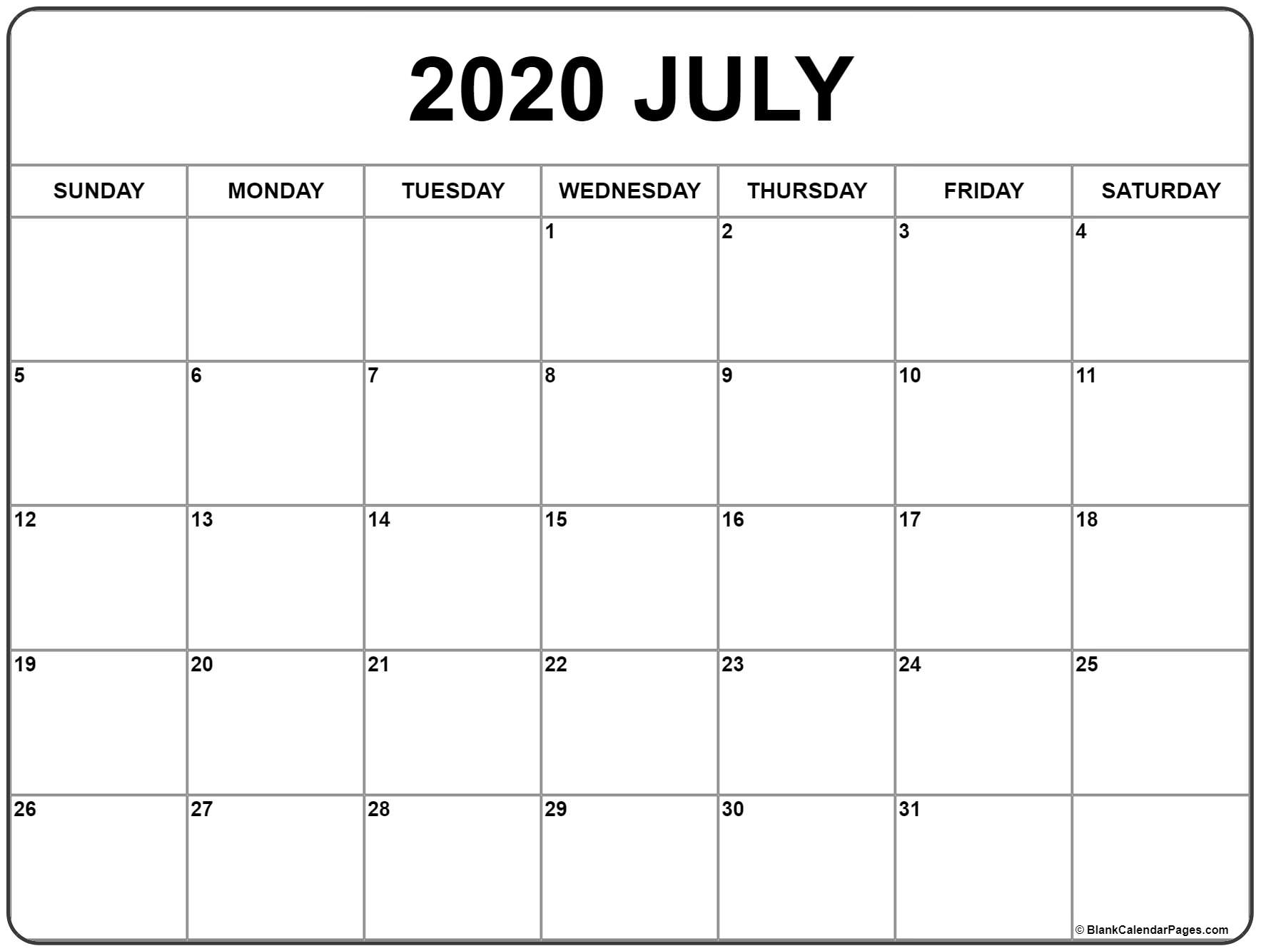 Big Print Calendar For July 2020