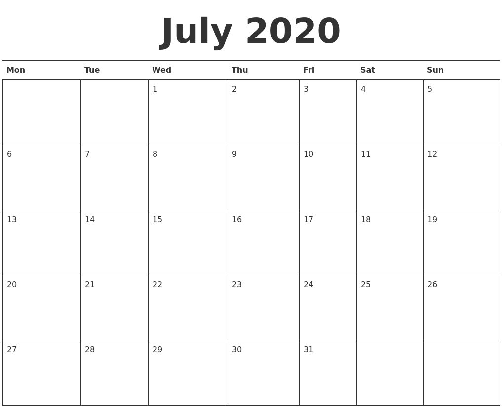 July 2020 Calendar Printable