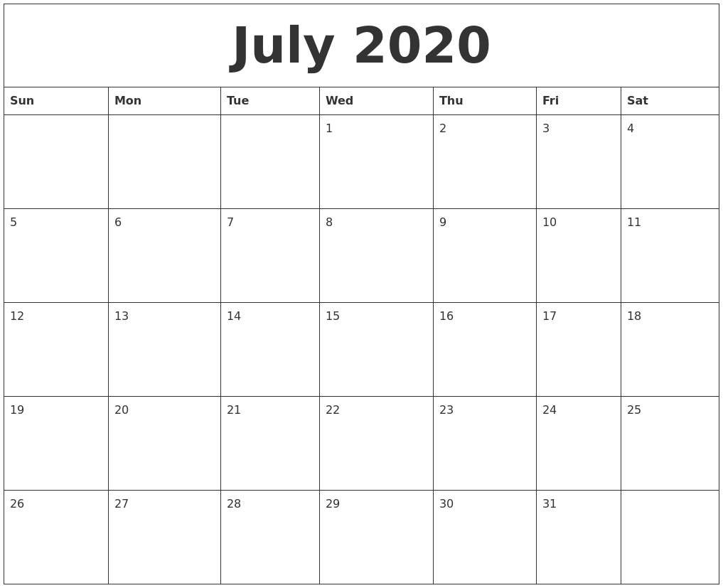 July 2020 Calendar Printables