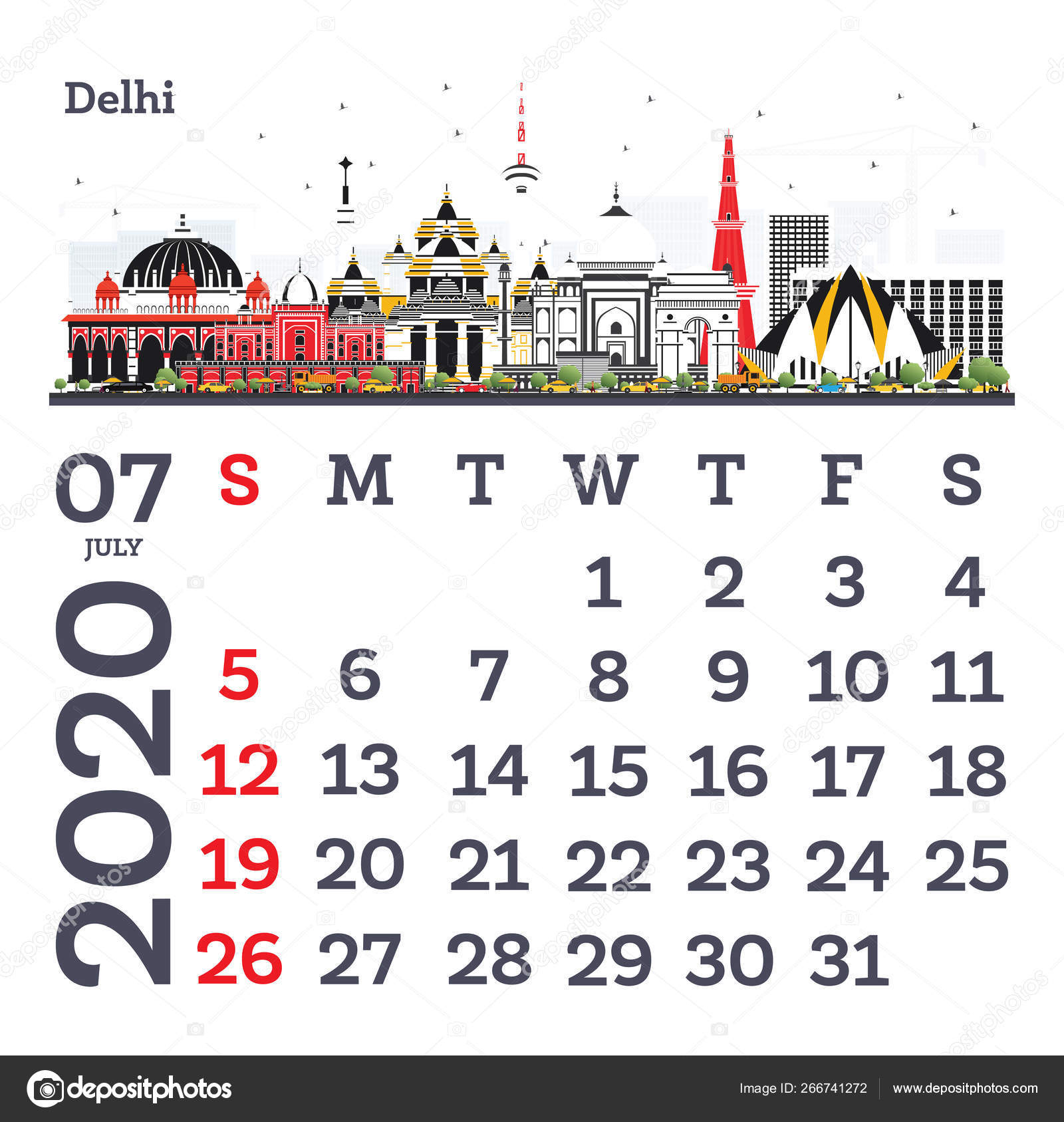 July 2020 Calendar Template With Delhi City Skyline