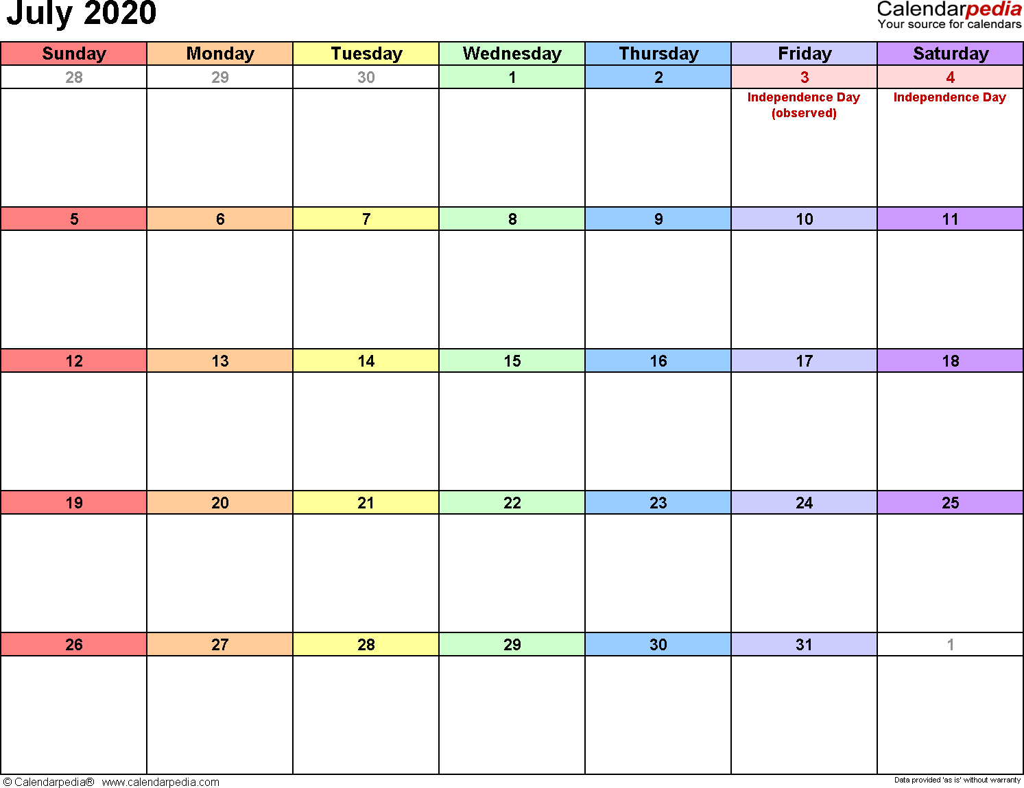 July 2020 Calendars For Word, Excel &amp; Pdf