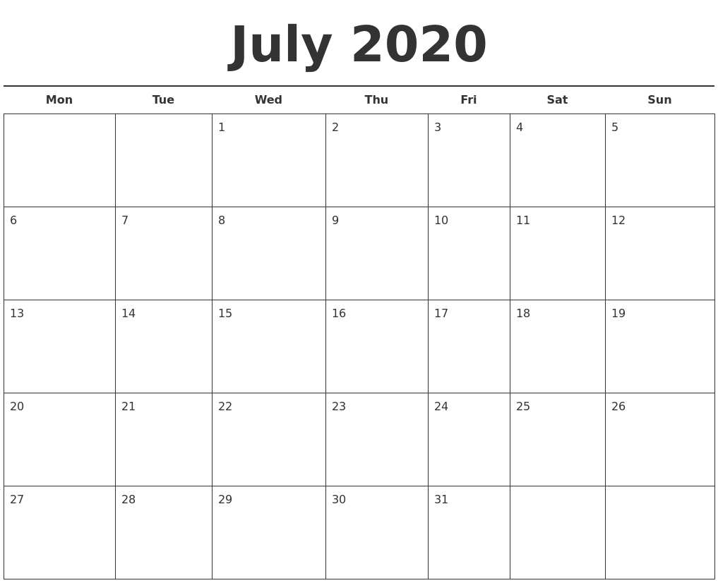 July 2020 Free Calendar Template